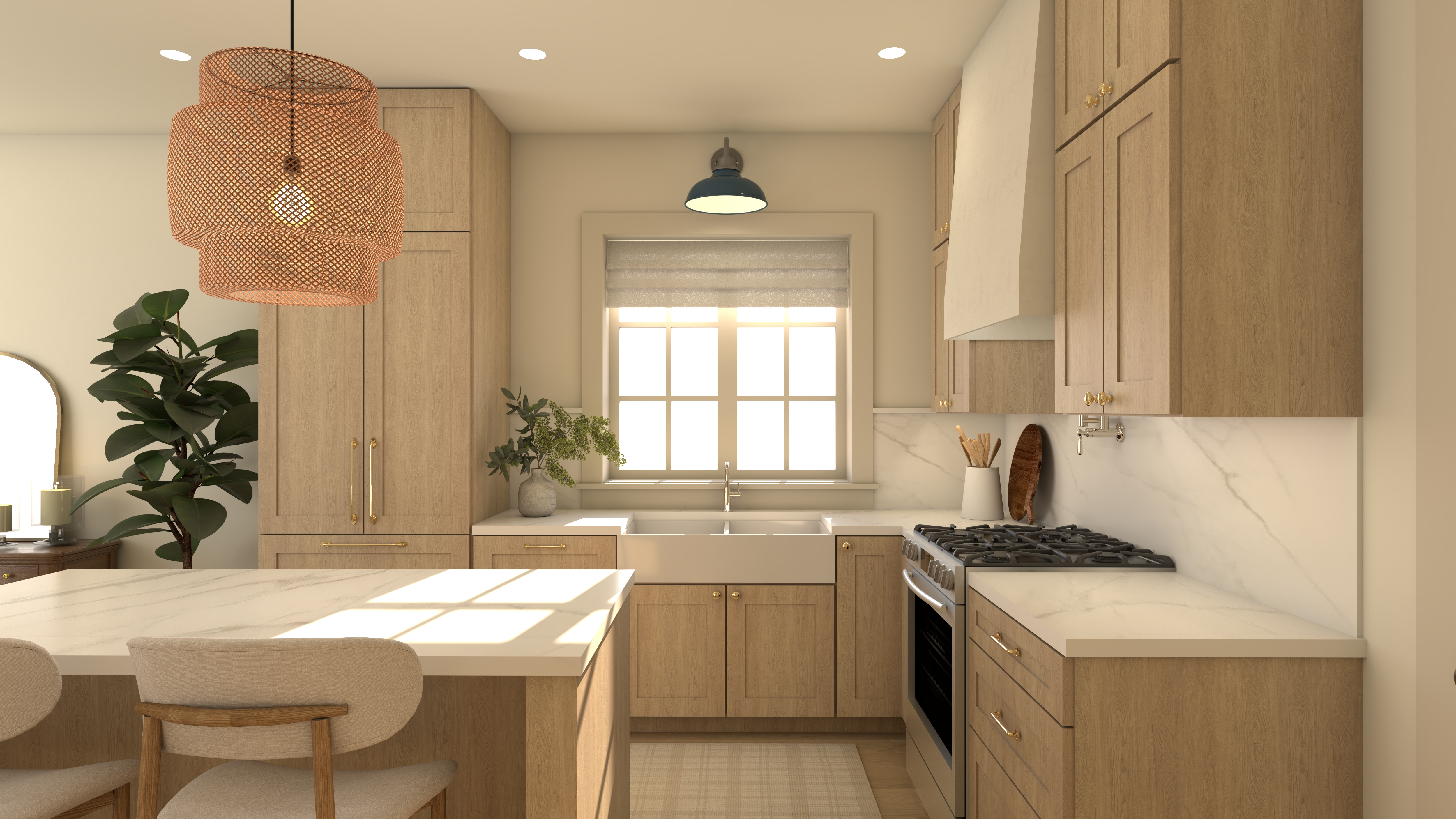 A bright kitchen with oak cabinetry, a marble island, and a farmhouse sink under a window